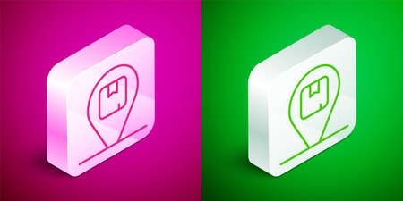 Isometric line Location with cardboard box icon isolated on pink and green background. Delivery services, logistic and transportation, distribution. Silver square button. Vectorのイラスト素材