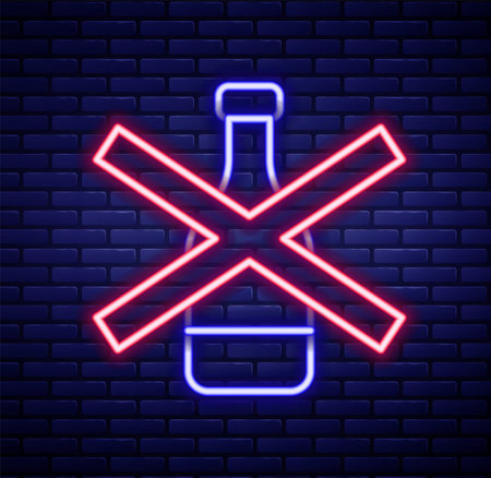 Glowing neon line No alcohol icon isolated on brick wall background. Prohibiting alcohol beverages. Forbidden symbol with beer bottle glass. Colorful outline concept. Vectorのイラスト素材