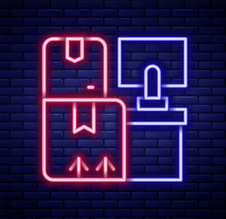 Glowing neon line Warehouse interior with boxes on racks icon isolated on brick wall background. Logistics, cargo, parcel storage postal service. Colorful outline concept. Vectorのイラスト素材