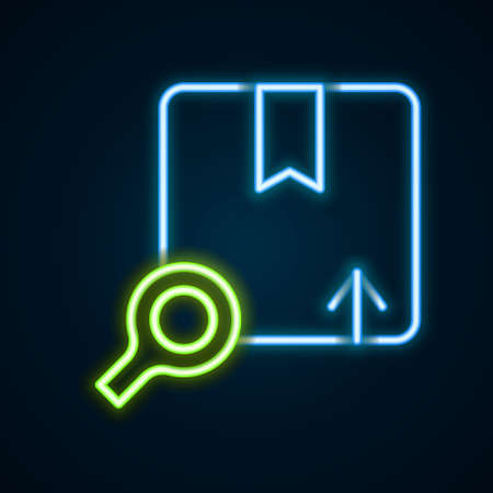 Glowing neon line Search package icon isolated on black background. Parcel tracking symbol. Magnifying glass and cardboard box. Logistic and delivery. Colorful outline concept. Vectorのイラスト素材