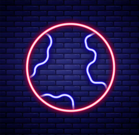 Glowing neon line Earth globe icon isolated on brick wall background. World or Earth sign. Global internet symbol. Geometric shapes. Colorful outline concept. Vectorのイラスト素材