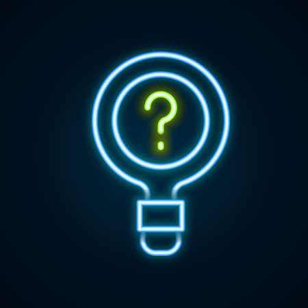 Glowing neon line Unknown search icon isolated on black background. Magnifying glass and question mark. Colorful outline concept. Vectorのイラスト素材