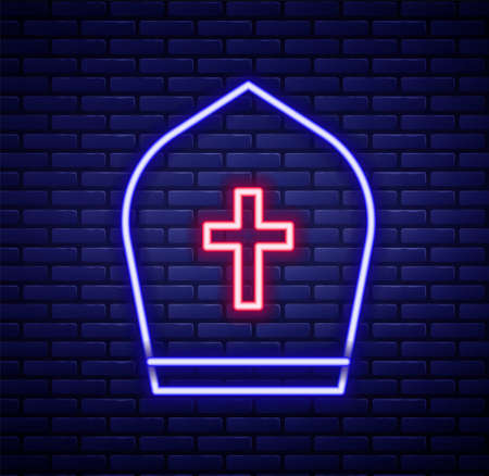 Glowing neon line Pope hat icon isolated on brick wall background. Christian hat sign. Colorful outline concept. Vectorのイラスト素材
