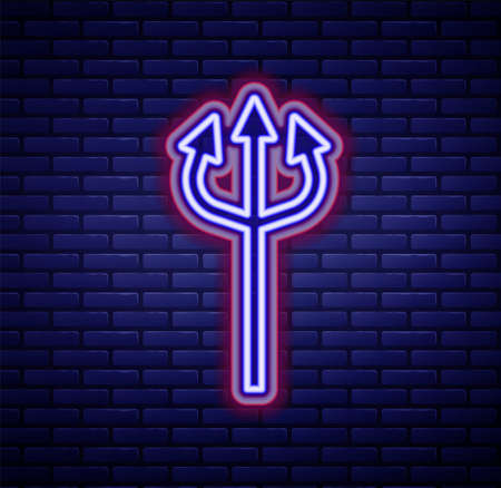 Glowing neon line Trident devil icon isolated on brick wall background. Happy Halloween party. Colorful outline concept. Vectorのイラスト素材