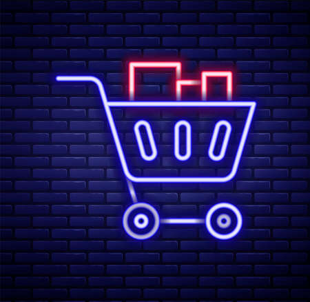 Glowing neon line Shopping cart and food icon isolated on brick wall background. Food store, supermarket. Colorful outline concept. Vectorのイラスト素材