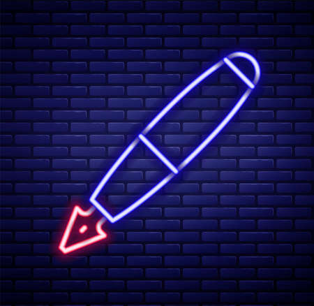 Glowing neon line Fountain pen nib icon isolated on brick wall background. Pen tool sign. Colorful outline concept. Vectorのイラスト素材