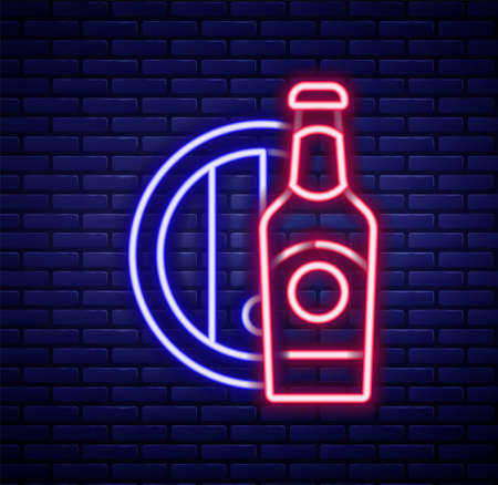 Glowing neon line Beer bottle and wooden barrel icon isolated on brick wall background. Colorful outline concept. Vectorのイラスト素材