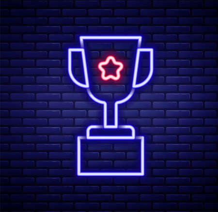 Glowing neon line Award cup icon isolated on brick wall background. Winner trophy symbol. Championship or competition trophy. Sports achievement sign. Colorful outline concept. Vectorのイラスト素材