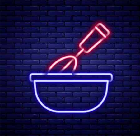 Glowing neon line Cooking whisk with bowl icon isolated on brick wall background. Cooking utensil, egg beater. Cutlery sign. Food mix symbol. Colorful outline concept. Vectorのイラスト素材