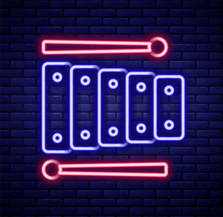 Glowing neon line Xylophone - musical instrument with thirteen wooden bars and two percussion mallets icon isolated on brick wall background. Colorful outline concept. Vectorのイラスト素材