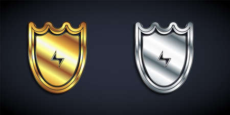 Gold and silver Lightning and shield icon isolated on black background. High voltage shield. Safe energy. Long shadow style. Vectorのイラスト素材