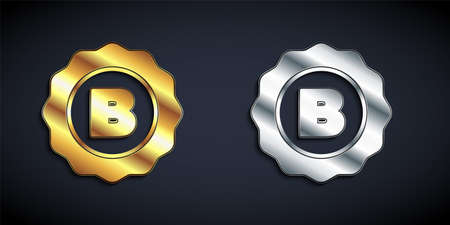 Gold and silver Bottle cap with inscription beer icon isolated on black background. Long shadow style. Vectorのイラスト素材