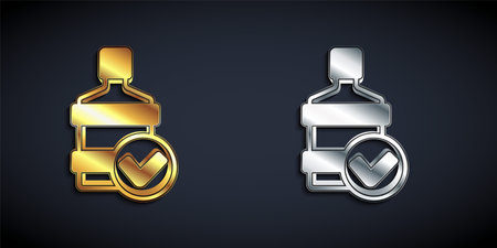 Gold and silver Big bottle with clean water icon isolated on black background. Plastic container for the cooler. Long shadow style. Vectorのイラスト素材