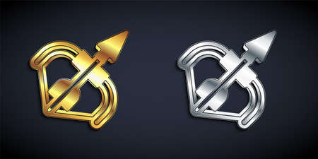 Gold and silver Medieval bow and arrow icon isolated on black background. Medieval weapon. Long shadow style. Vectorのイラスト素材