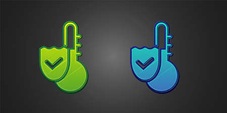 Green and blue Meteorology thermometer measuring icon isolated on black background. Thermometer equipment showing hot or cold weather. Vectorのイラスト素材