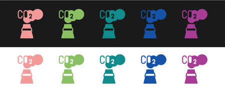 Set CO2 emissions in cloud icon isolated on black and white background. Carbon dioxide formula, smog pollution concept, environment concept. Vectorのイラスト素材