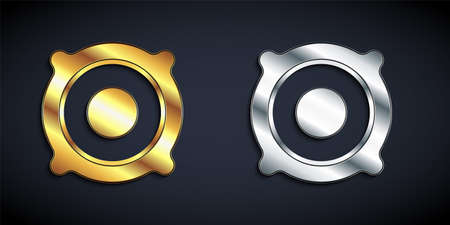 Gold and silver Stereo speaker icon isolated on black background. Sound system speakers. Music icon. Musical column speaker bass equipment. Long shadow style. Vectorのイラスト素材