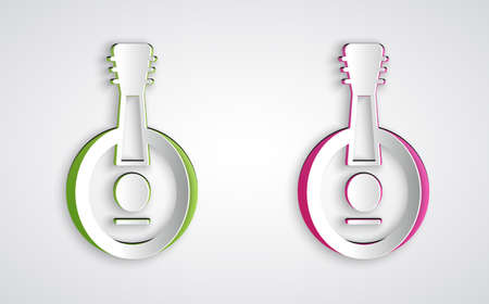 Paper cut Banjo icon isolated on grey background. Musical instrument. Paper art style. Vectorのイラスト素材