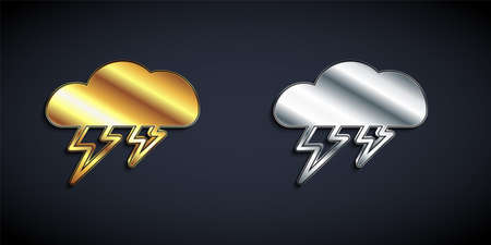 Gold and silver Storm icon isolated on black background. Cloud and lightning sign. Weather icon of storm. Long shadow style. Vectorのイラスト素材