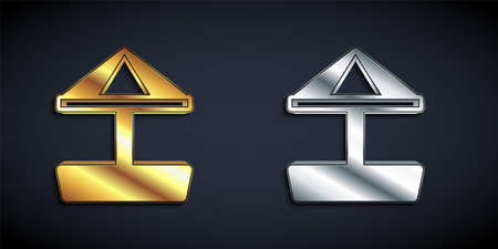 Gold and silver Sandbox for kids with sand and umbrella icon isolated on black background. Long shadow style. Vectorのイラスト素材