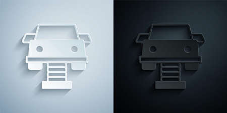 Paper cut Swing car on the playground icon isolated on grey and black background. Childrens carousel with car. Amusement icon. Paper art style. Vectorのイラスト素材