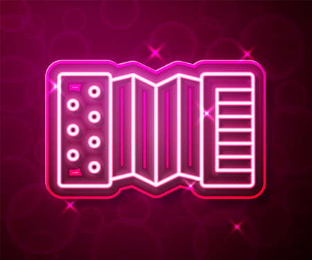 Glowing neon line Musical instrument accordion icon isolated on red background. Classical bayan, harmonic. Vectorのイラスト素材