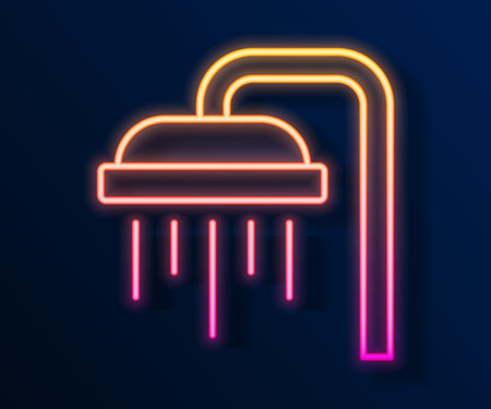 Glowing neon line Shower head with water drops flowing icon isolated on black background. Vectorのイラスト素材
