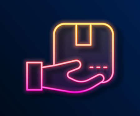 Glowing neon line Delivery hand with cardboard boxes icon isolated on black background. Door to door delivery by courier. Vectorのイラスト素材
