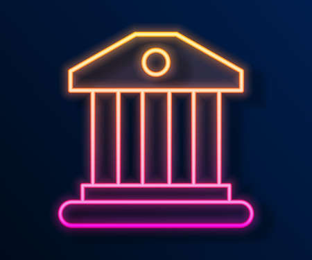 Glowing neon line Bank building icon isolated on black background. Vectorのイラスト素材