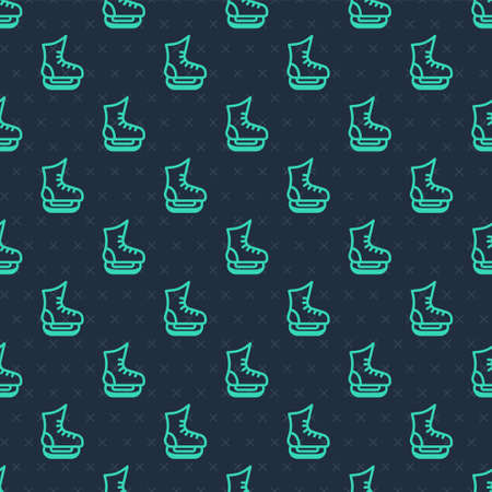 Green line Skates icon isolated seamless pattern on blue background. Ice skate shoes icon. Sport boots with blades. Vectorのイラスト素材