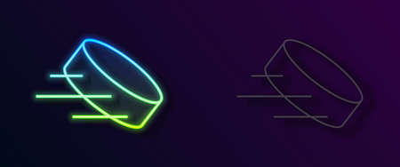 Glowing neon line Hockey puck icon isolated on black background. Vectorのイラスト素材