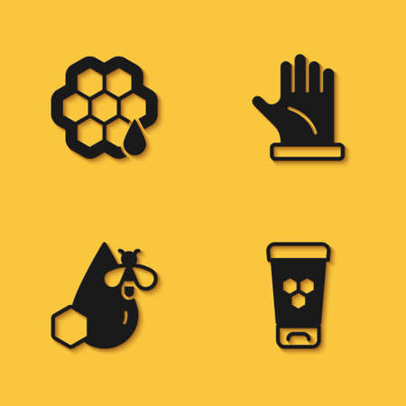 Set Honeycomb, Cosmetic tube with honey, Bee and honeycomb and Beekeeper glove icon with long shadow. Vectorのイラスト素材