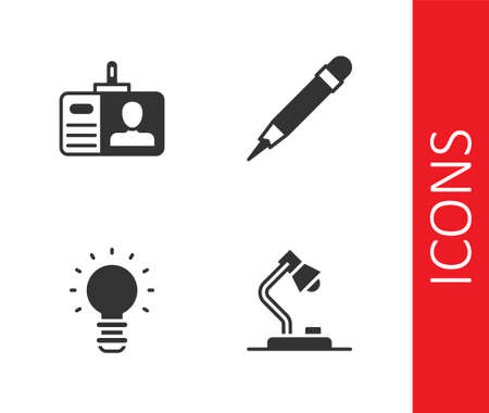 Set Table lamp, Identification badge, Creative light idea and Pencil with eraser icon. Vectorのイラスト素材