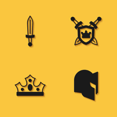 Set Medieval sword, helmet, King crown and Shield with swords icon with long shadow. Vectorのイラスト素材