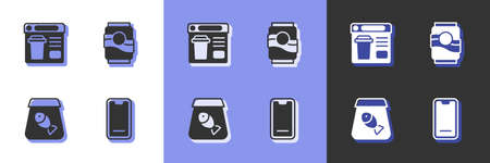 Set Food ordering on mobile, Online food, fish and Soda can icon. Vector