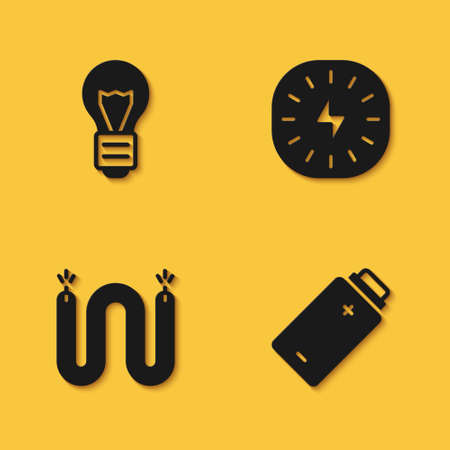 Set Creative lamp light idea, Battery charge, Electric cable and Lightning bolt icon with long shadow. Vectorのイラスト素材