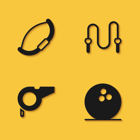 Set Medieval bow, Bowling ball, Whistle and Jump rope icon with long shadow. Vectorのイラスト素材