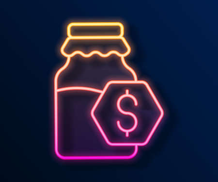 Glowing neon line Sale in jar of honey icon isolated on black background. Food bank. Sweet natural food symbol. Vectorのイラスト素材