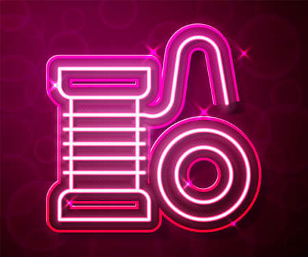 Glowing neon line Spinning reel for fishing icon isolated on red background. Fishing coil. Fishing tackle. Vectorのイラスト素材