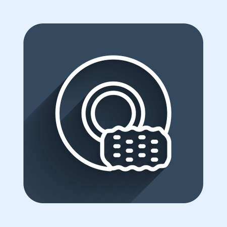 White line Washing dishes icon isolated with long shadow background. Cleaning dishes icon. Dishwasher sign. Clean tableware sign. Blue square button. Vectorのイラスト素材