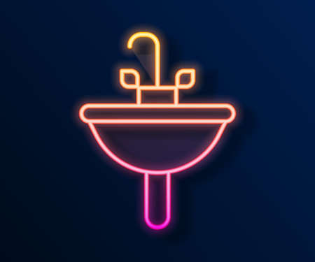 Glowing neon line Washbasin with water tap icon isolated on black background. Vectorのイラスト素材