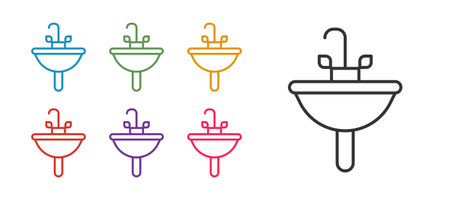 Set line Washbasin with water tap icon isolated on white background. Set icons colorful. Vectorのイラスト素材