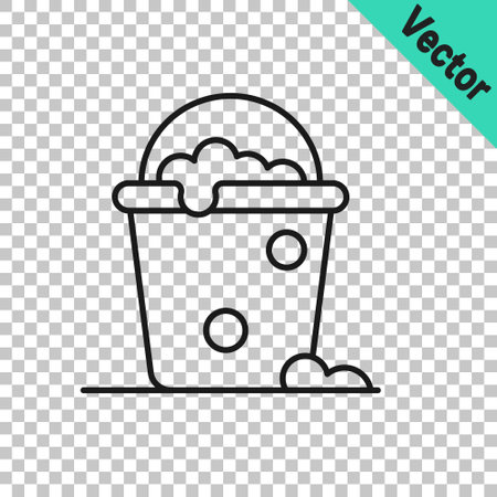 Black line Bucket with foam and bubbles icon isolated on transparent background. Cleaning service concept. Vectorのイラスト素材