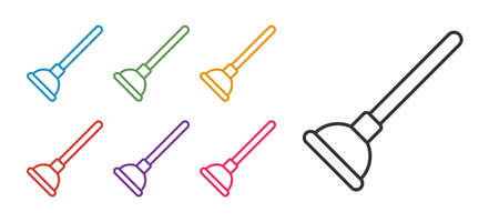 Set line Rubber plunger with wooden handle for pipe cleaning icon isolated on white background. Toilet plunger. Set icons colorful. Vectorのイラスト素材