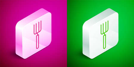 Isometric line Garden pitchfork icon isolated on pink and green background. Garden fork sign. Tool for horticulture, agriculture, farming. Silver square button. Vectorのイラスト素材