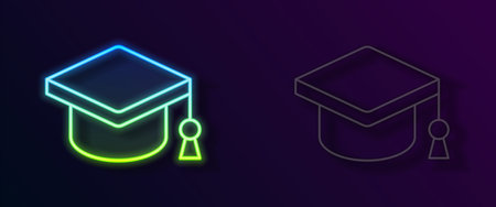 Glowing neon line Graduation cap icon isolated on black background. Graduation hat with tassel icon. Vectorのイラスト素材