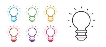 Set line Creative lamp light idea icon isolated on white background. Concept ideas inspiration, invention, effective thinking, knowledge and education. Set icons colorful. Vectorのイラスト素材