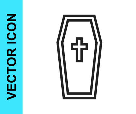 Black line Coffin with christian cross icon isolated on white background. Happy Halloween party. Vectorのイラスト素材