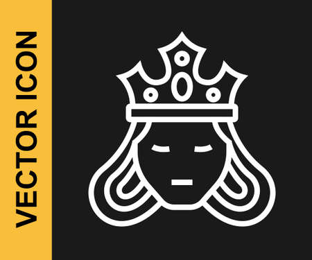 White line Princess or queen wearing her crown icon isolated on black background. Medieval lady. Vectorのイラスト素材