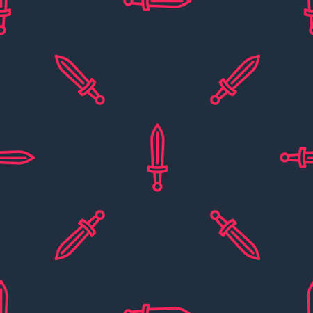 Red line Medieval sword icon isolated seamless pattern on black background. Medieval weapon. Vectorのイラスト素材